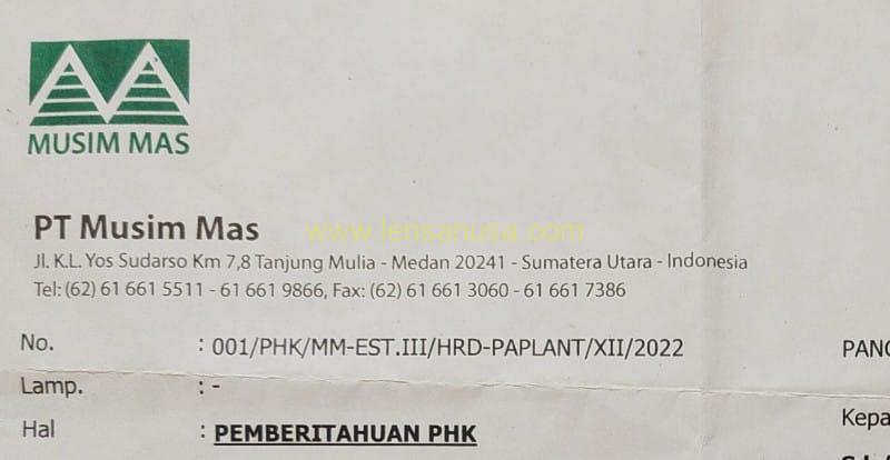 Surat PHK dari PT Musim Mas Pangkalan Lesung Diduga Tawarkan Pengganti Gaji sebulan plus Pesangon 12 tahun Mengabdi Sebesar Rp.1,5 juta
