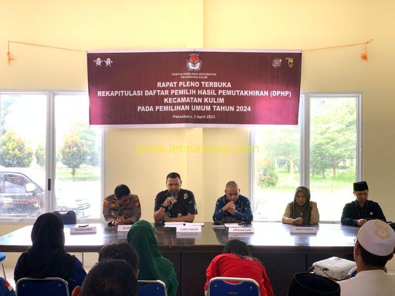 Camat Kulim Raja Faisal Febnaldi M.IP Beri Sambutan Pada Rapat Pleno Terbuka Rekapitulasi Daftar Pemilih Hasil Pemutakhiran (DPHP) Tingkat PPK Kecamatan Kulim.