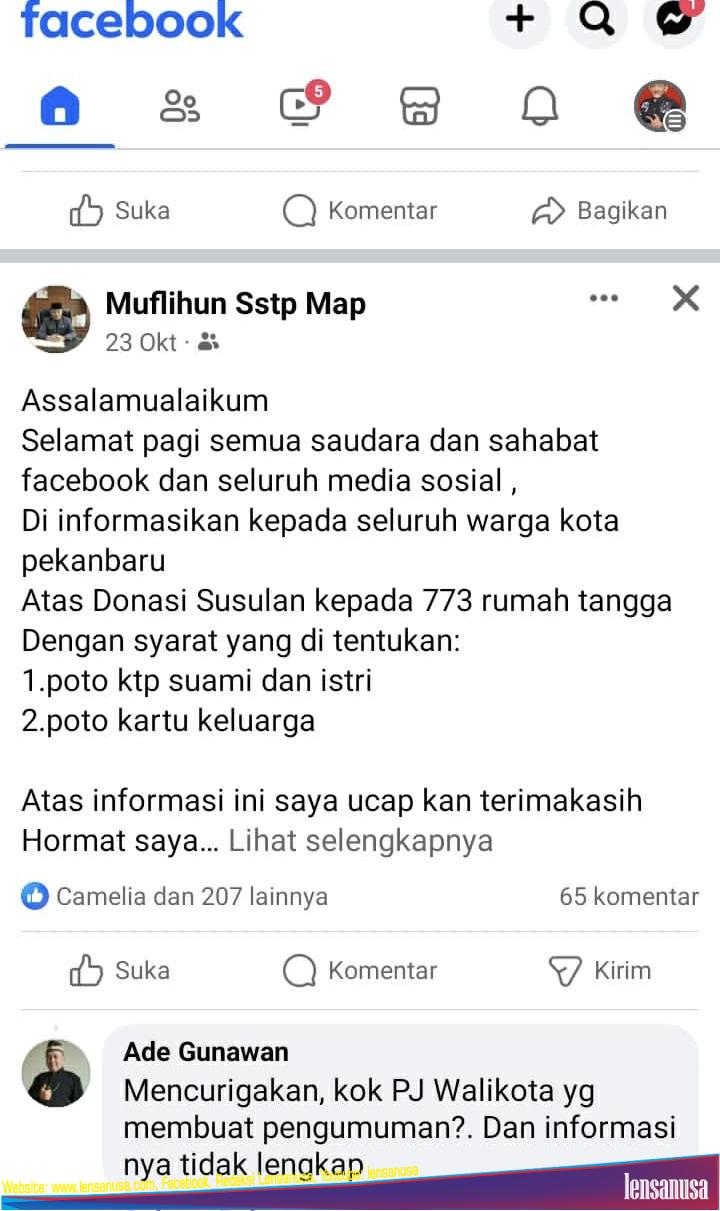 Akun Facebook Palsu Walikota Pekanbaru, Muflihun - Pekanbaru.