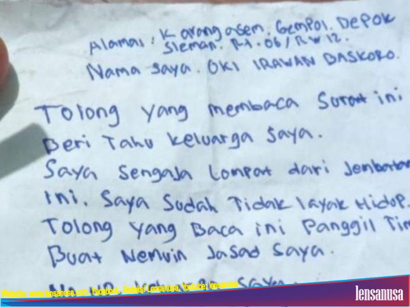 Surat yang bersangkutan percobaan bunuh diri di jembatan kretek yang di temukan